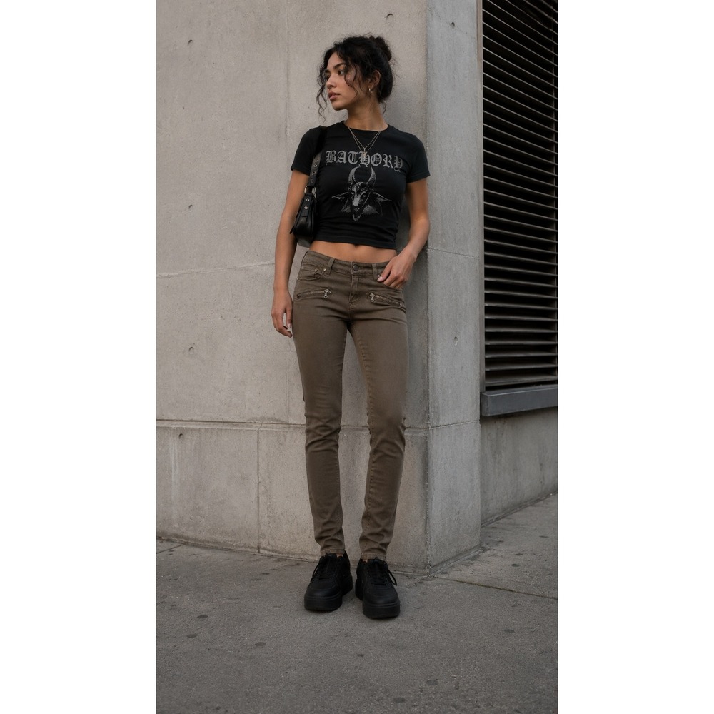 Paige Indie Streetwear Cigarette Jeans Tan Rocker Chic Biker Denim 31x28 Size 28